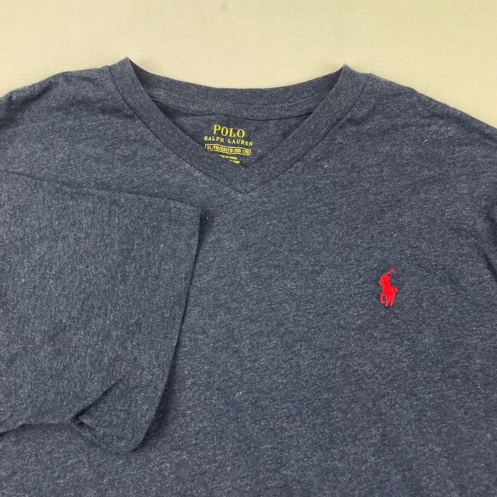 Polo Ralph Lauren Kids XL 18-20 Navy Blue Heather V-Neck T-Shirt Red Pony Logo